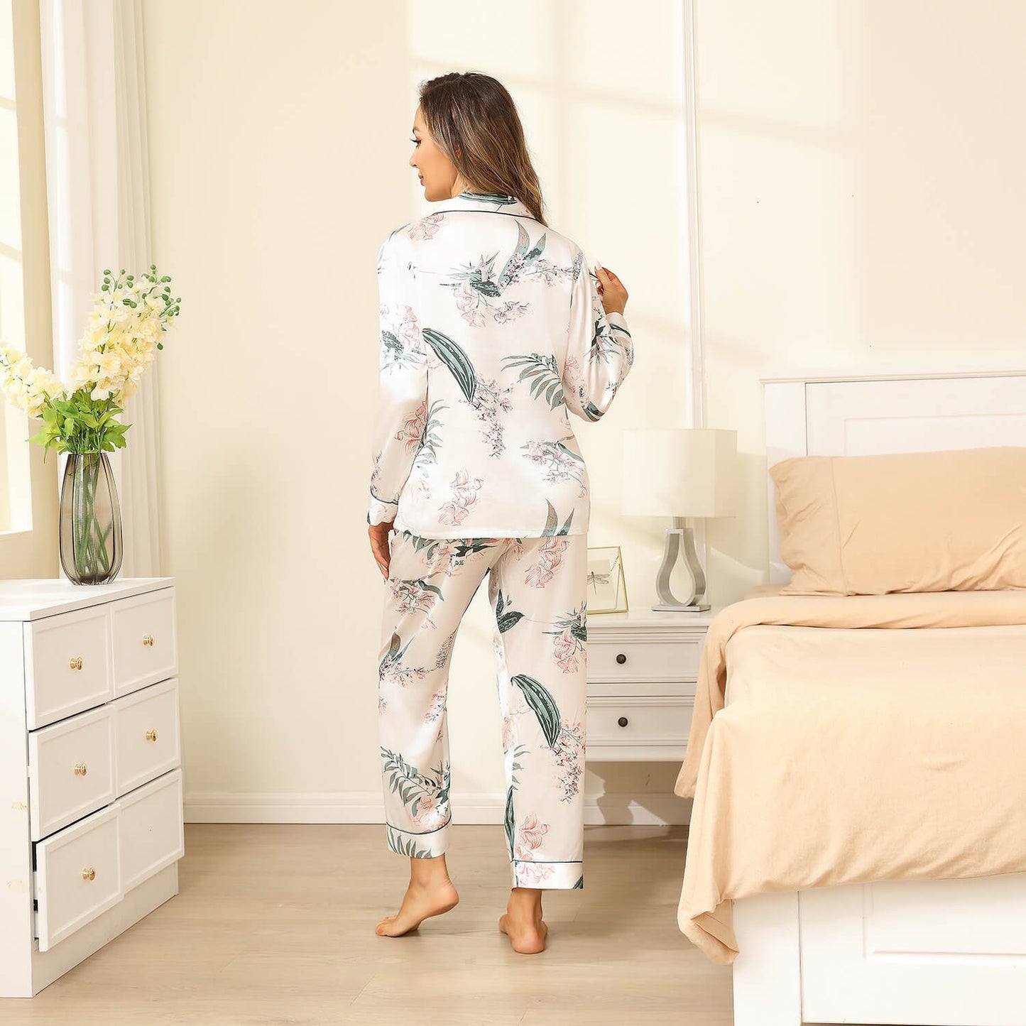 Best Silk Pajama Set For Women Long Flower print mulberry silk pyjamas